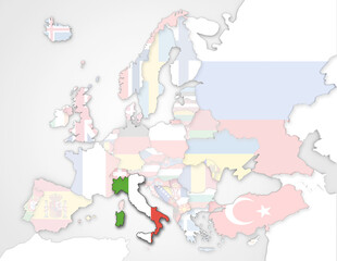 3D Europakarte auf der Italien hervorgehoben wird und die restlichen Flaggen transparent sind