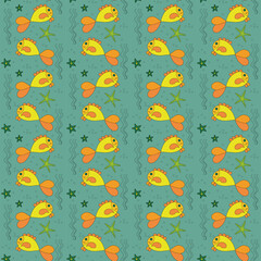 seamless pattern of goldfish and starfish green on a blue background