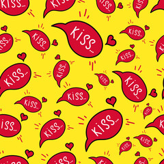 Hand drawm vector kiss speech bubble seamless pattern in doodle style on yellow background for Valentines day holiday and decoration, romantic vector illustration design and bright vibrant colors