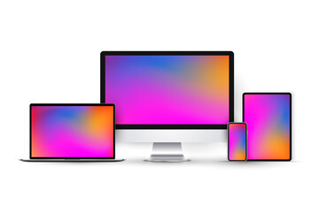 Set of device mockups with colorful screens. Phone, laptop and desktop pc devices isolated on white background.