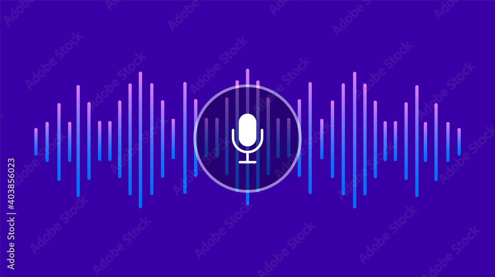 Poster voice assistant and voice recognition. personal assistant. sound wave and microphone. equalizer. vec
