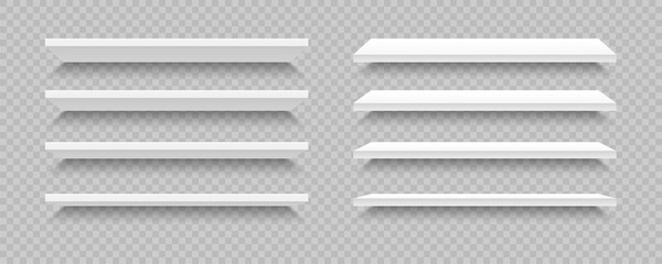 Set of white realistic shelves. 3d empty store shelf. Wall showcases. Supermarket retail shelves. Plastic shelving. Mock up bookshelf front view. Stand of a store. © TMvectorart
