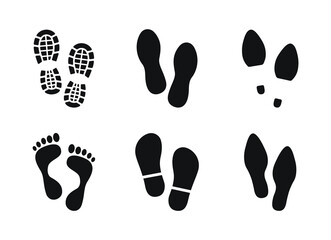 Set of human footprints different shoes. Bare foot prints. Shoe soles print. Black traces of human. Step footprints. Shoe tread prints.