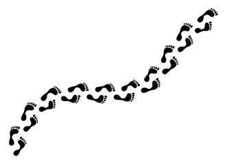 Step footprints paths. Bare foot prints. Black traces of human. Human foot print in path.