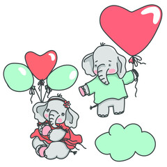 Couple of cute baby elephants floating with balloons, vector illustration.
