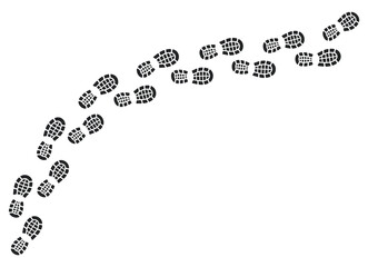 Step footprints paths. Shoe tread prints. Black traces of human. Human foot print in path. Shoe soles in path.
