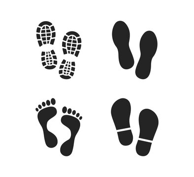 Human footprints. Bare foot prints. Shoe soles print. Black traces of human. Step footprints. Shoe tread prints.