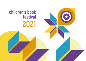 Banner for children's book festival. Open books flying with chick. Concept. Vector minimalistic background with textures. Design template for a library, school. Striving for knowless, education.