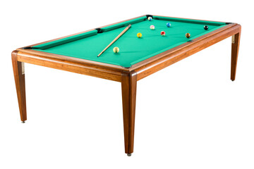 Modern wood Billiards table with cue and balls isolated