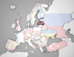 3D Europakarte auf der Lettland hervorgehoben wird und die restlichen Flaggen transparent sind