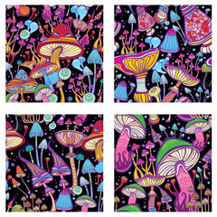 Set of Seamless patterns with decorative mushrooms