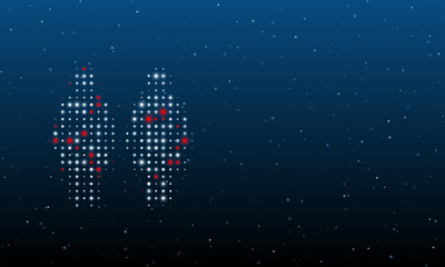 On the left is the woman with woman symbol filled with white dots. Background pattern from dots and circles of different shades. Vector illustration on blue background with stars