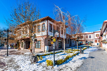 Fototapeta na wymiar Hamamonu district view in snowy day. Hamamonu District is populer tourist attraction in Ankara