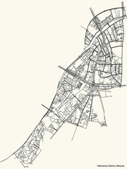 Black simple detailed street roads map on vintage beige background of the neighbourhood Yakimanka District of the Central Administrative Okrug of Moscow, Russia
