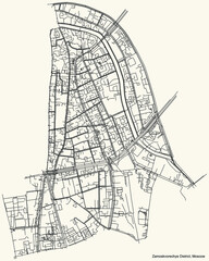 Black simple detailed street roads map on vintage beige background of the neighbourhood Zamoskvorechye District of the Central Administrative Okrug of Moscow, Russia