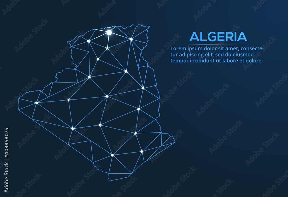 Poster algeria communication network map. vector low poly image of a global map with lights in the form of 