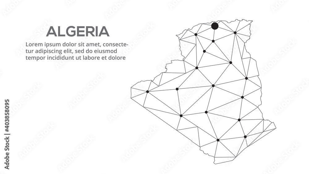 Poster algeria communication network map. vector image of a low poly global map with city lights. map in th