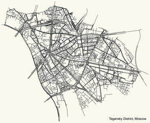 Black simple detailed street roads map on vintage beige background of the neighbourhood Tagansky District of the Central Administrative Okrug of Moscow, Russia