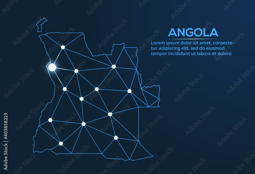 Aufkleber angola communication network map. vector low poly image of a global map with lights in the form of c