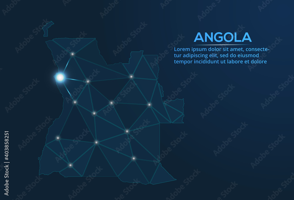 Aufkleber angola communication network map. vector low poly image of a global map with lights in the form of c