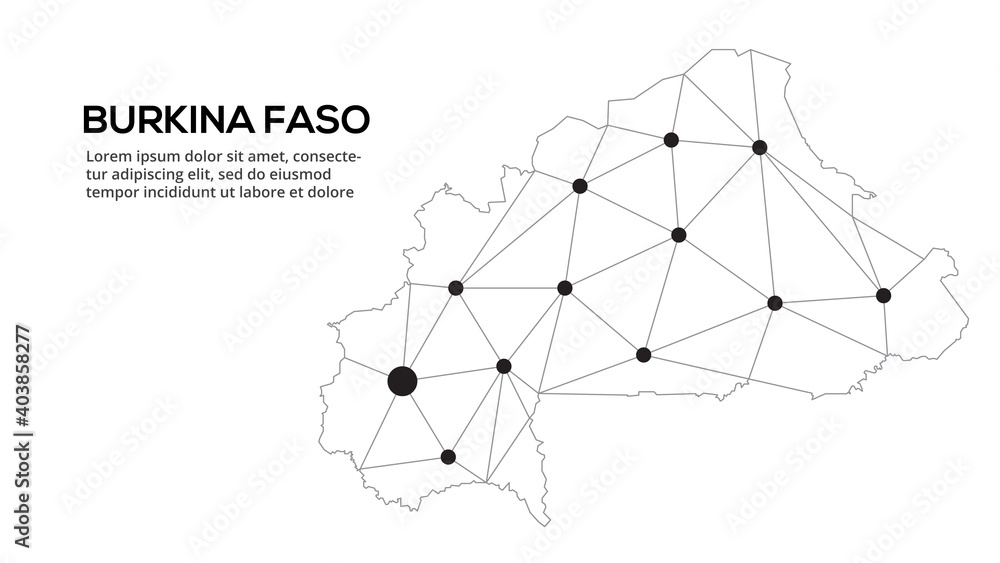 Poster burkina faso communication network map. vector image of a low poly global map with city lights. map 