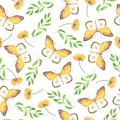 Seamless pattern with orange and white butterflies, orange flowers and green leaves on white background. Hand drawn watercolor illustration.