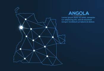 Angola communication network map. Vector low poly image of a global map with lights in the form of cities. Map in the form of a constellation, mute and stars. - obrazy, fototapety, plakaty