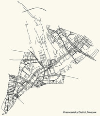 Black simple detailed street roads map on vintage beige background of the neighbourhood Krasnoselsky District of the Central Administrative Okrug of Moscow, Russia