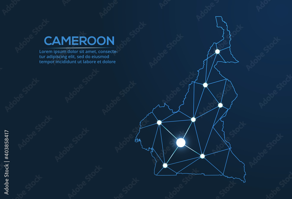 Poster cameroun communication network map. vector low poly image of a global map with lights in the form of