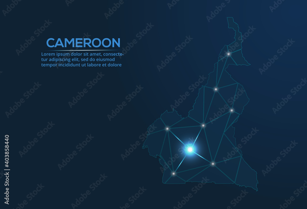 Poster cameroun communication network map. vector low poly image of a global map with lights in the form of