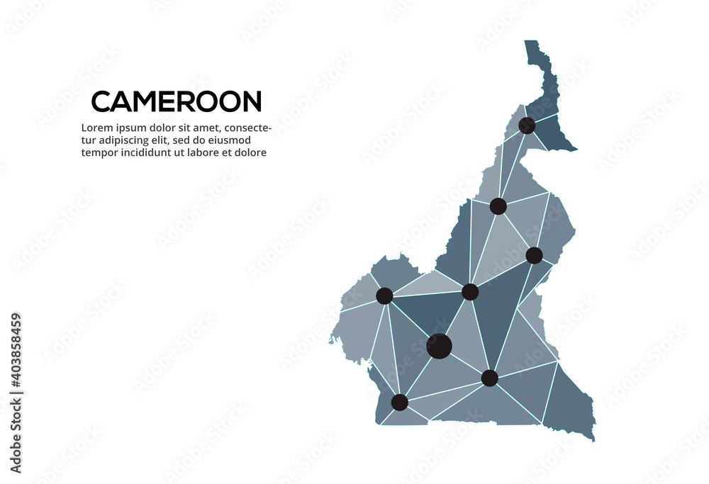 Poster cameroun communication network map. vector image of a low poly global map with city lights. map in t