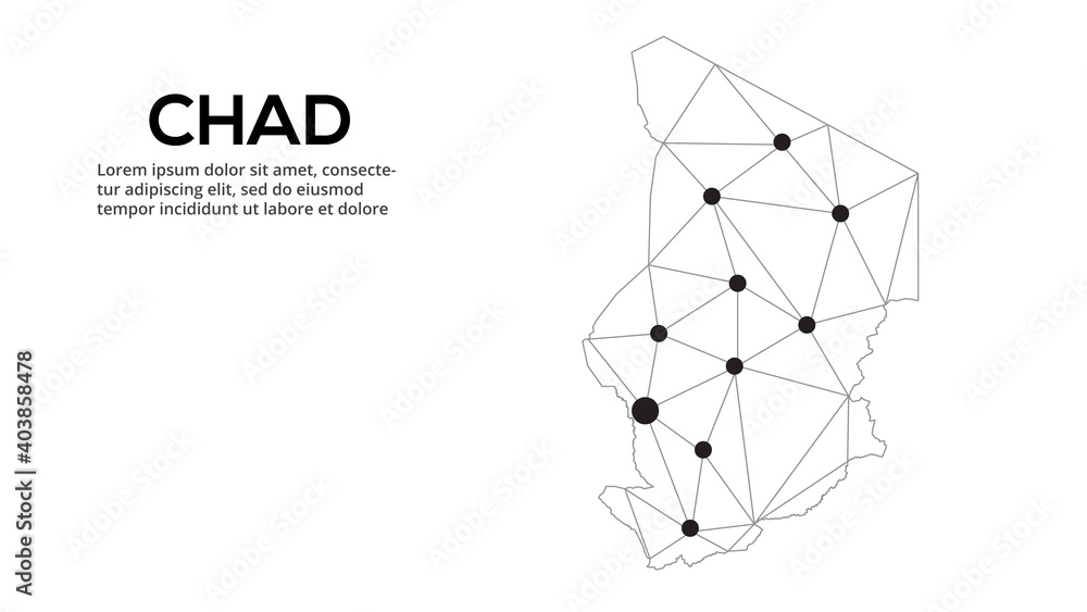 Poster chad communication network map. vector image of a low poly global map with city lights. map in the f