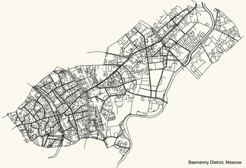 Black simple detailed street roads map on vintage beige background of the neighbourhood Basmanny District of the Central Administrative Okrug of Moscow, Russia