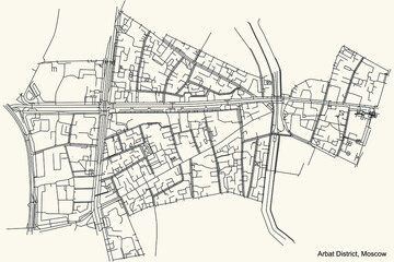 Black simple detailed street roads map on vintage beige background of the neighbourhood Arbat District of the Central Administrative Okrug of Moscow, Russia