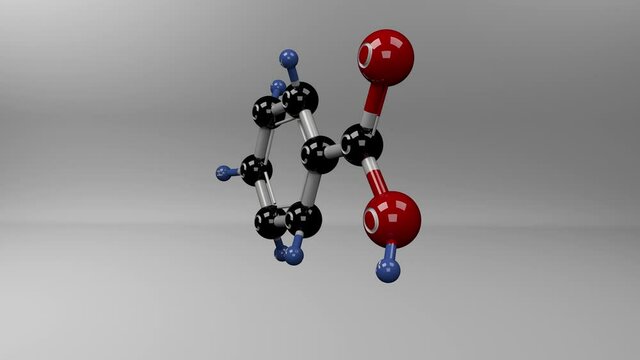 Benzoic acid molecule. Molecular structure of benzoic acid, used as processed food preservative that inhibits the growth of bacteria, molds, and yeasts. Alpha channel.