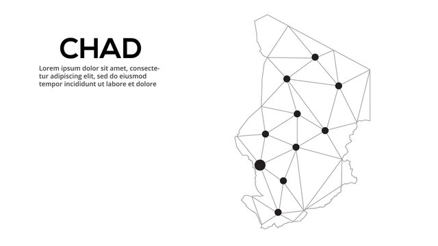 Chad communication network map. Vector image of a low poly global map with city lights. Map in the form of lines and dots