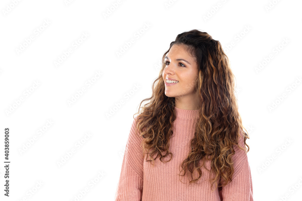 Wall mural Beautiful middle aged woman with pink woolen sweater