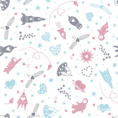 Space vector seamless pattern with austronauts, aliens, planets, stars, rocket, hears and satellite on white background for kids - for fabric, wrapping, textile, wallpaper, background.