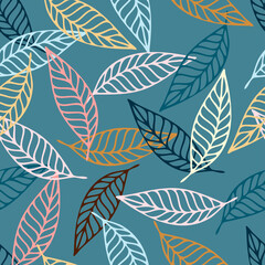 Fototapeta na wymiar Seamless vector botanical pattern colourful abstract design lined leaves on turquoise