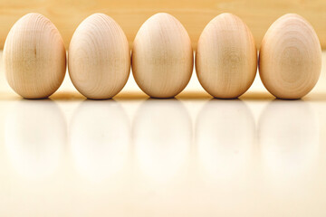 Wooden eggs. Natural easter concept. Easter wooden eggs. Copy space for text.