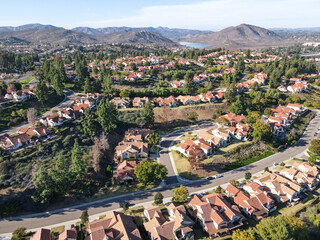 Aerial view of residential neighborhood in valley with mountain in the background, Rancho Bernardo,...