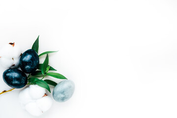 Minimalist black and gray monochromatic trendy Easter flatlay. Natural coloring concept. Eco design.