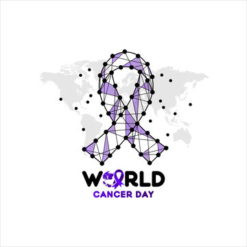 Particles Geometric Line Art And Dot Cancer Ribbon With Map Design Vector