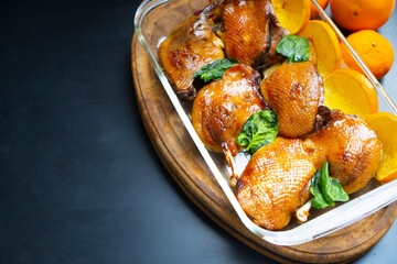 Beautiful roast duck meat. Background with copy space.