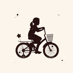 Girl on bicycle. Child on bike abstract silhouette. Night starry sky