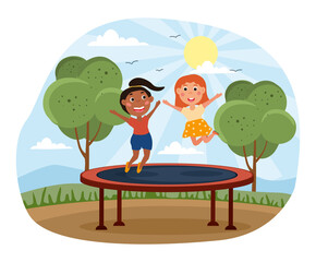 Two little girls are jumping on a trampoline in summer in park. Flat cartoon vector illustration