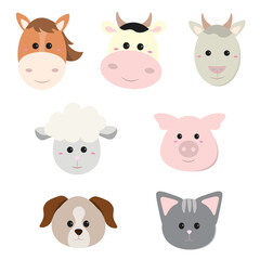 Set of animals. Horse, goat, ram, cow, pig, dog, cat.Vector illustration in flat style