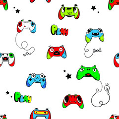 Abstract seamless gamepads vector pattern. Cartoon character faces with happy emotions. Teenagers repeats print for boy, sport textile, clothes, wrapping paper. © Kseniia Koval