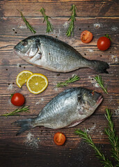 Fresh dorado fish. Dorado and ingredients for cooking on a wooden table.