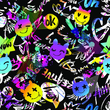 Funny cartoon emotions faces seamless pattern. Happy smiler monsters repeat print. Grunge brush trace track and stars endless ornament. Lettering background.